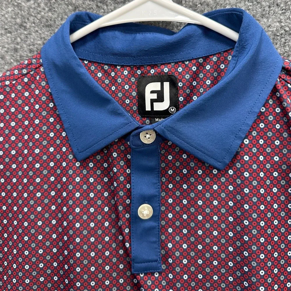 FootJoy Mens Golf Polo Shirt Medium Maroon Blue Geometric Print Short Sleeve FJ